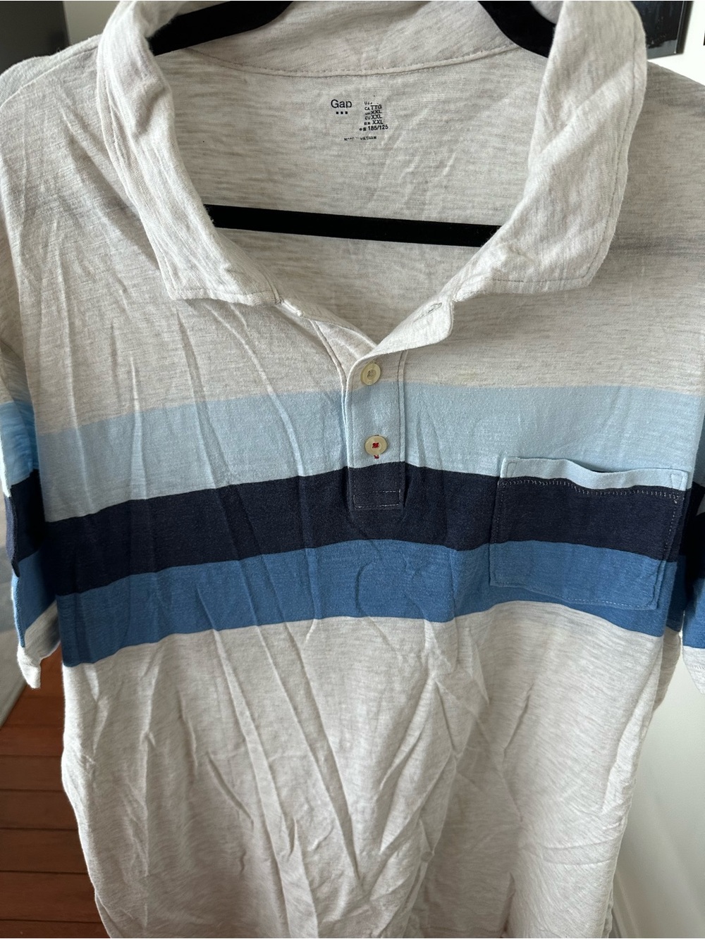 GAP Men’s Light Gray Polo with Navy and Sky Blue Stripes